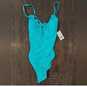 ❗NWT Shade & Shore Teal Blue Front Tie Open Back One Piece Swimsuit Size Medium